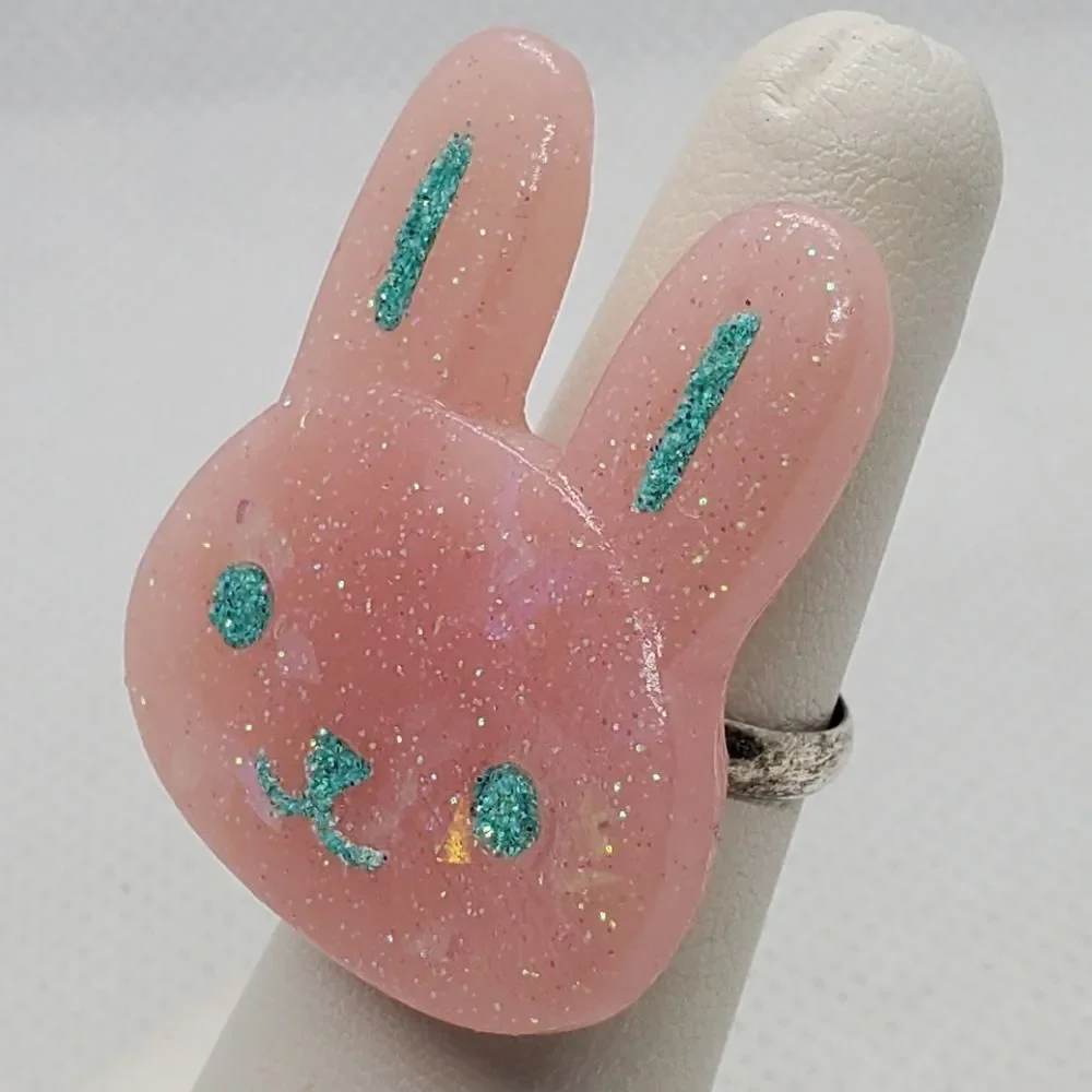 Pink & Blue Sparkly Bunny Head Adjustable Ring